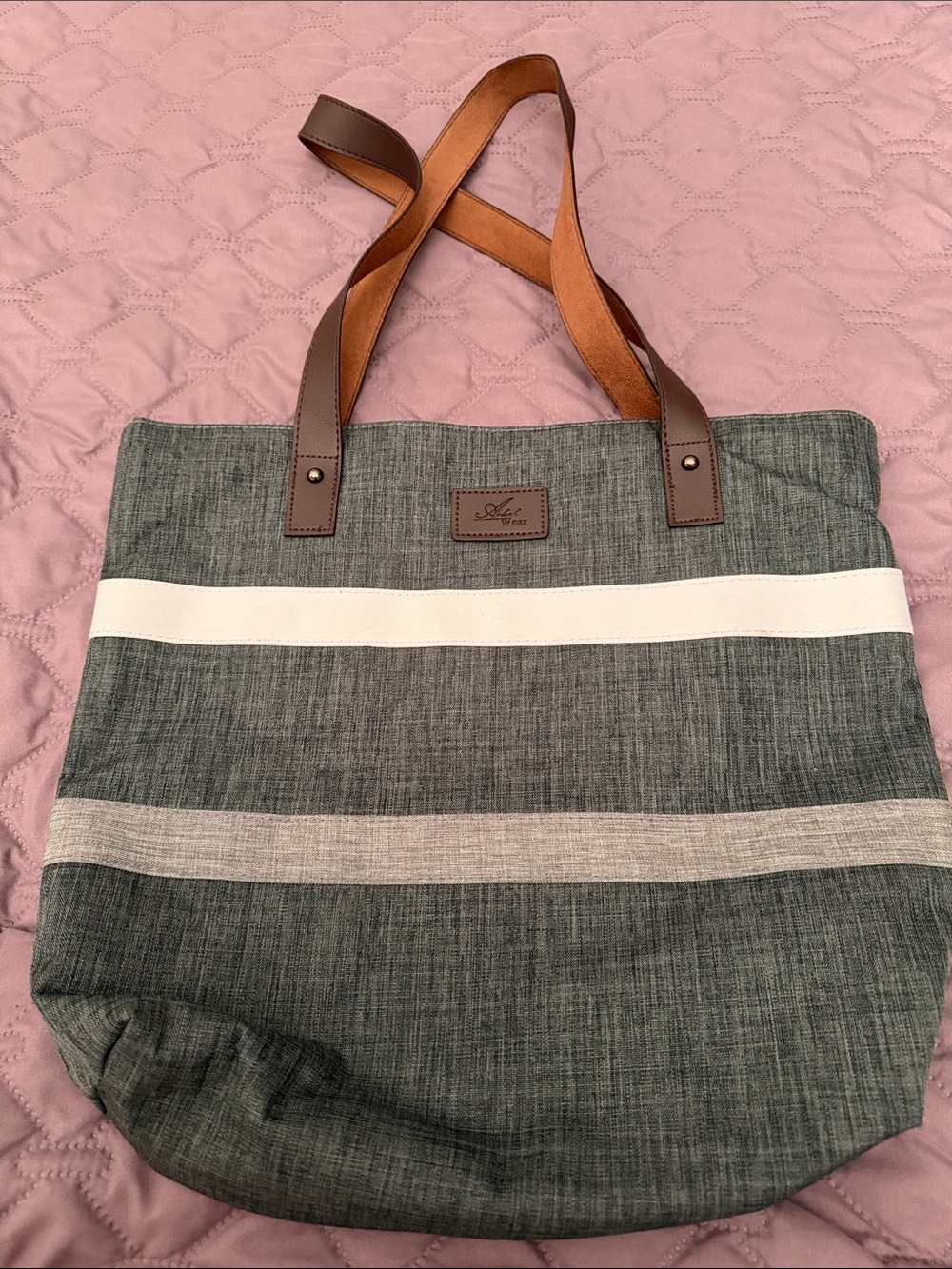 Gray Canvas Tote with White Stripe and Brown Leather Handles